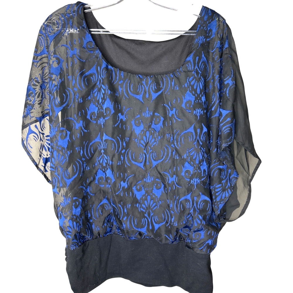 Studio Y XL Black‎ Blue Floral Sheer Batwing Sleeve Top Blouse Women's